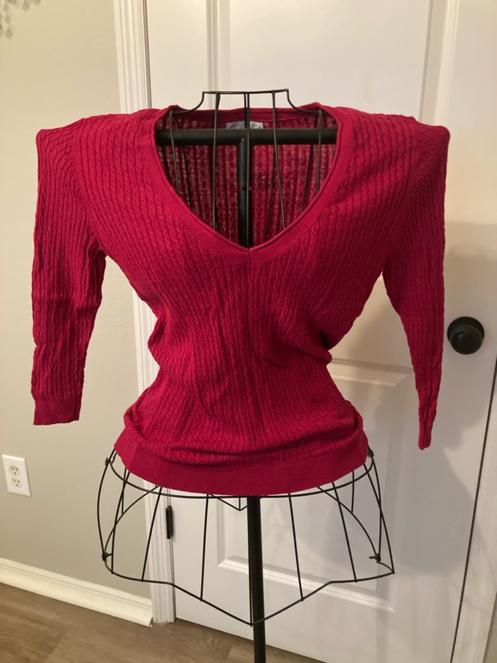 New York & Company Raspberry V-Neck Cable Knit Sweater